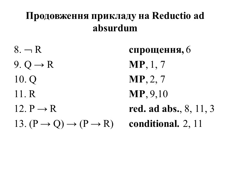 Продовження прикладу на Reductio ad absurdum 8.  R     спрощення,